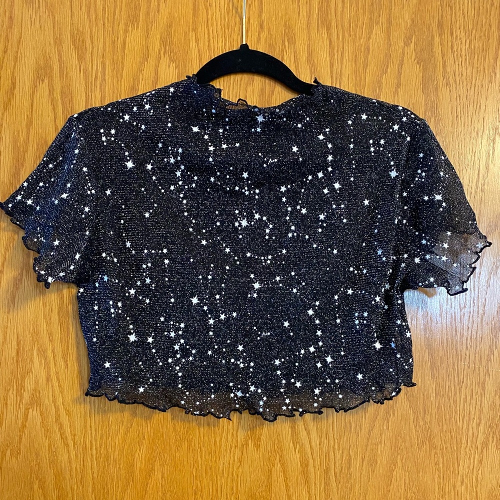 Black mesh baby tee with constellation detailing